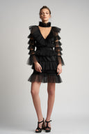 Black mini dress with tulle ruffles and deep neckline