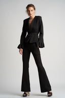 Costum elegant  cu sacou petrecut si pantaloni evazati