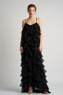 Rochie maxi cu volane din amestec de matase Lucky Black
