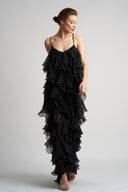Rochie maxi cu volane din amestec de matase Lucky Black