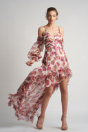 Asymmetrical silk dress with dropped shoulders