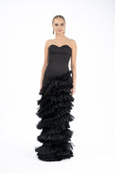 Rochie eleganta cu corset si fusta din volane suprapuse