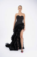 Rochie neagra  asimetrica din matase cu volane dramatice