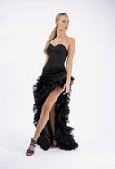 Rochie neagra  asimetrica din matase cu volane dramatice