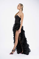 Rochie neagra  asimetrica din matase cu volane dramatice