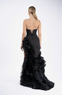 Rochie neagra  asimetrica din matase cu volane dramatice