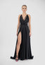 Rochie lunga neagra cu dantela si slit frontal