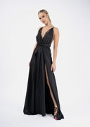 Long black dress with lace and front slit
