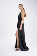 Long black dress with lace and front slit
