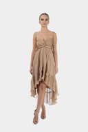Rochie matase midi asimetrica cu bust fronsat tip fluture