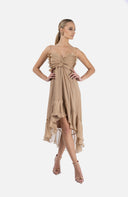 Rochie matase midi asimetrica cu bust fronsat tip fluture