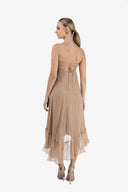 Rochie matase midi asimetrica cu bust fronsat tip fluture