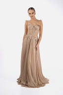 Long silk tulle dress with hand embroidery and corset