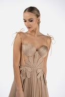 Long silk tulle dress with hand embroidery and corset