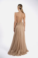 Long silk tulle dress with hand embroidery and corset