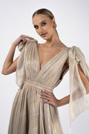 Long film-coated silk dress with deep neckline