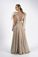 Long film-coated silk dress with deep neckline