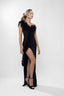 Rochie lunga asimetrica neagra cu volane din matase