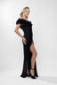 Rochie lunga asimetrica neagra cu volane din matase
