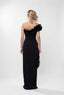 Rochie lunga asimetrica neagra cu volane din matase