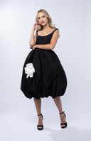 Black midi dress with white flower applique