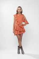 Rochie mini Burnt Orange asimetrica cu volane