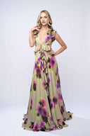 Rochie lunga cu imprimeu floral si volane din matase
