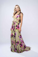 Rochie lunga cu imprimeu floral si volane din matase