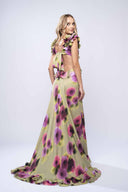Rochie lunga cu imprimeu floral si volane din matase