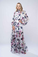 Rochie lunga cu guler inalt si imprimeu floral pictural