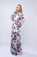 Rochie lunga cu guler inalt si imprimeu floral pictural