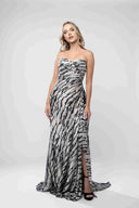Rochie lunga cu imprimeu  si corset drapat