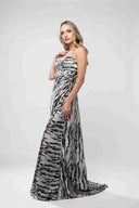 Rochie lunga cu imprimeu  si corset drapat