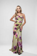 Rochie lunga din matase imprimata cu slit lateral