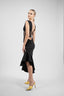 Rochie midi neagra cu corset transparent si fusta asimetrica