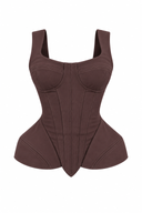 Corset sculptural cu bretele late si peplum maro