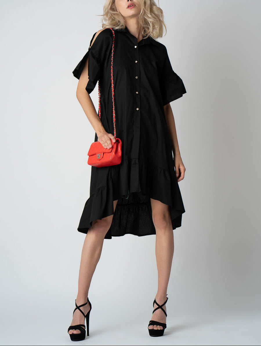 Rochie camasa asimetrica Black cu design feminin, croiala moderna si detalii statement Monarh Design