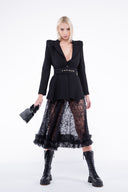 Fusta midi din dantela cu volan din tulle Black
