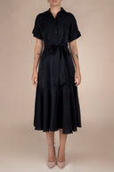 Rochie camasa midi cu volan si cordon Black cu design feminin, croiala moderna si detalii statement Monarh Design