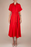 Rochie camasa midi cu volan si cordon Red cu design feminin, croiala moderna si detalii statement Monarh Design