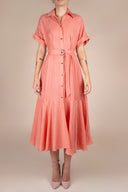 Rochie camasa midi cu volan si cordon Burnt Orange cu design feminin, croiala moderna si detalii statement Monarh Design