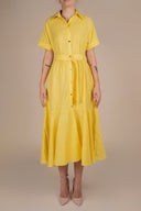 Rochie camasa midi cu volan si cordon Yellow cu design feminin, croiala moderna si detalii statement Monarh Design