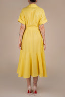 Rochie camasa midi cu volan si cordon Yellow cu design feminin, croiala moderna si detalii statement Monarh Design