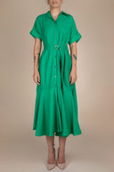 Rochie camasa midi cu volan si cordon Green cu design feminin, croiala moderna si detalii statement Monarh Design