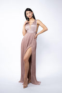Silk dress with high slit and transparent corset