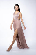 Silk dress with high slit and transparent corset