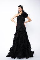 One-shoulder prom dress with dramatic details