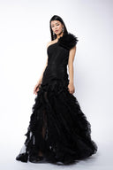 One-shoulder prom dress with dramatic details