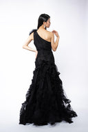 One-shoulder prom dress with dramatic details