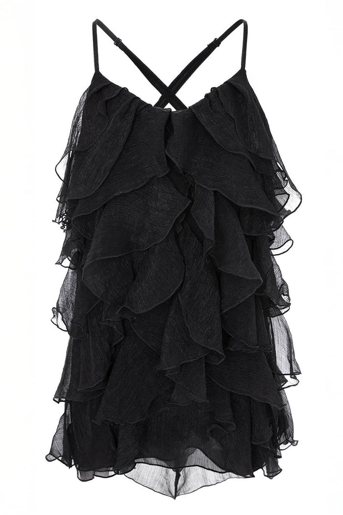 Rochie mini Lucky Black cu volane din amestec de matase